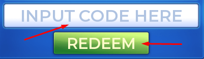 INPUT CODE HERE box and REDEEM button to redeem codes in Toons Universe