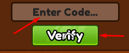 Enter Code box and Verify button to redeem codes in Monkey Bomb Tag