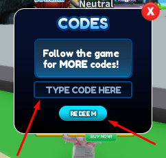 The TYPE CODE HERE box and REDEEM button in Get Huge Simulator