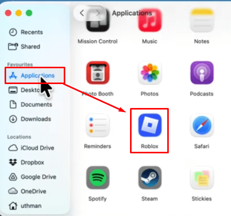 The Applications folder and the Roblox app