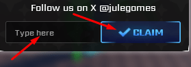 Type here box and Claim button to redeem codes in Jule's RNG