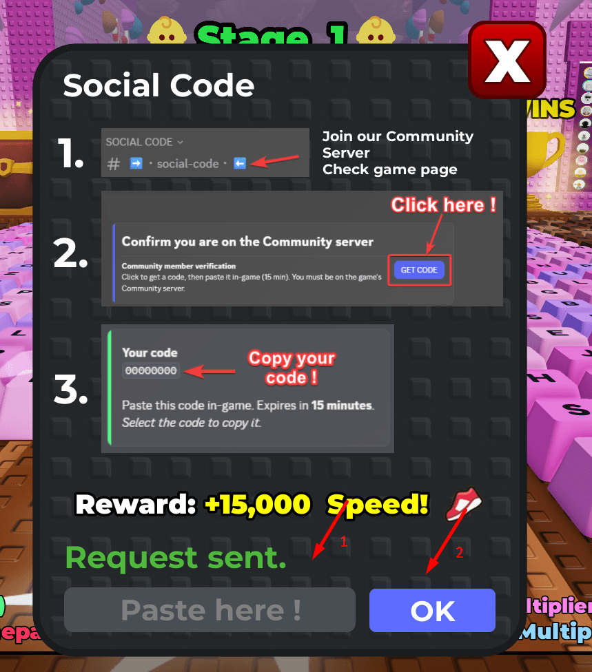 +1 Speed Keyboard Escape | Candy & Chocolate Discord claim code box for +15,000 Speed