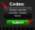 The "Codes" box and Submit button in Trivia! Roblox Game Show