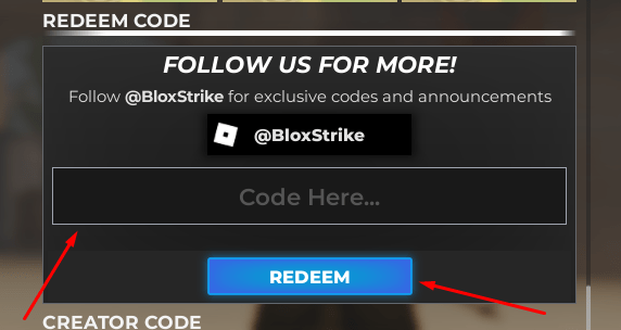 The Code Here... box and REDEEM button in BloxStrike