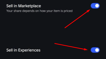 The "Sell in Marketplace" and "Sell in Experiences" options in Roblox's Creator Dashboard
