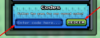 The Enter code here... box and REDEEM button in Drop a Fruit
