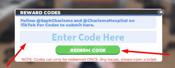 The Enter Code Here box and REDEEM CODE button in Charisma Hospital: Medical Simulator