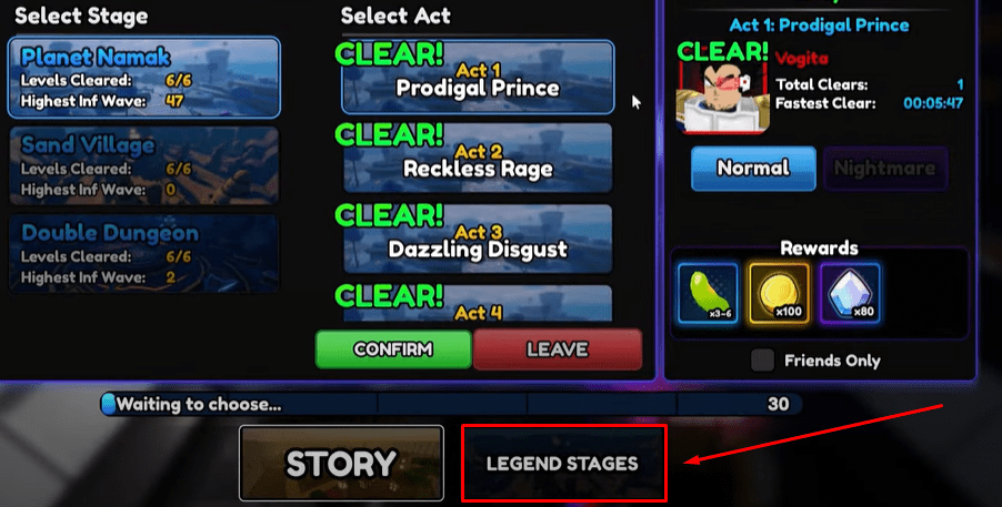 Anime Vanguards legend stages button