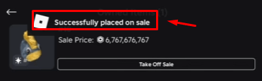 The "Successfully placed on sale" notification on Roblox