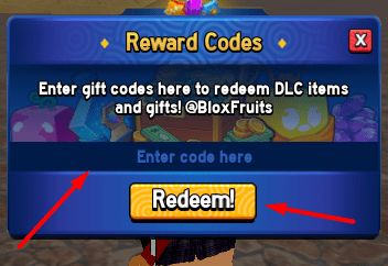 The Enter code here box and Redeem button in Blox Fruits