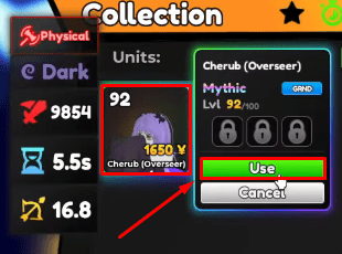 Anime Adventures evolved Mythical unit Use button