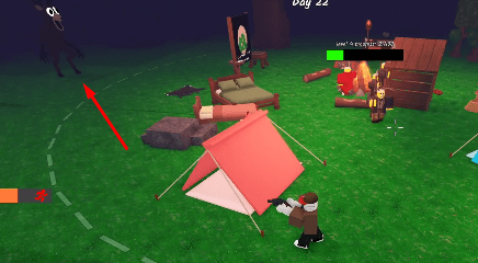 The Deer observing the camp as cultists attack in 99 Nights in the Forest