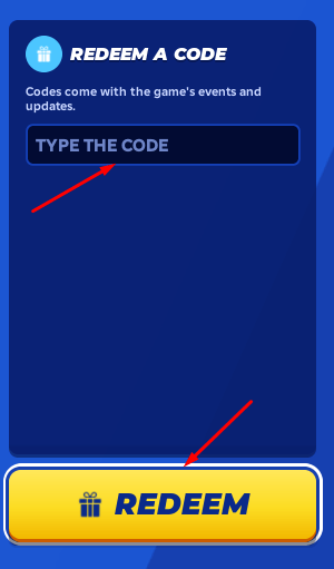 TYPE THE CODE box and REDEEM button to redeem codes in Turbo Soccer : Beta 1.0