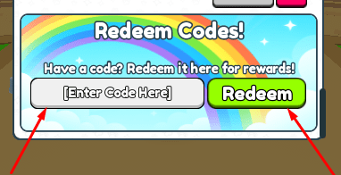The [Enter Code Here] box and Redeem button in Clicker Simulator!