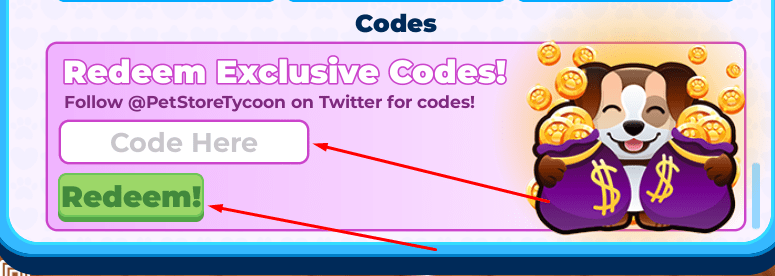 The Code Here box and Redeem! button in Pet Store Tycoon 2