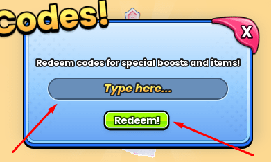 The Type here... box and Redeem! button in Bubble Gum Tappers