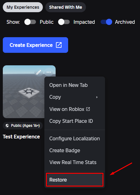 The "Restore" option for a game on Roblox