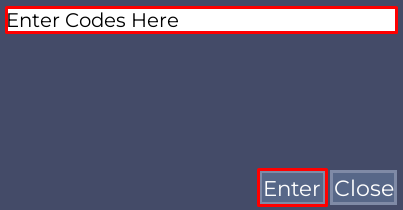 Artemis Royale enter codes box and enter button