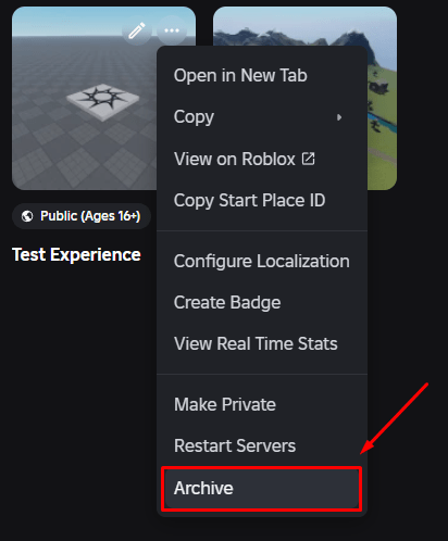 The "Archive" button in Roblox's Creator Dashboard