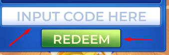 INPUT CODE HERE box and Redeem button to redeem codes in Toons Universe