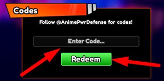 The code redeeming interface in Anime Power Defense