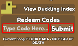 Ducklings Sim enter codes box and submit button