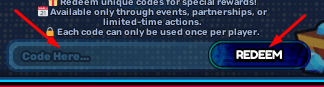 Code Here box and Redeem button to redeem codes in World Fighters