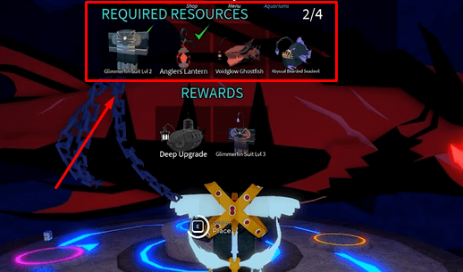 Turning in the resources at the Abyssal Zenith podium in Fisch