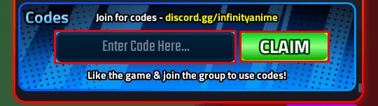 Fight Anime Bosses enter codes box and claim button
