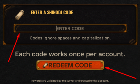The ENTER CODE box and REDEEM CODE button in BitShinobi