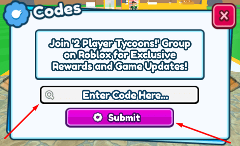 The Enter Code Here... box and Submit button in 2 Player Food Tycoon