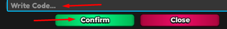 The "Write Code" box and Confirm button in Anime Strike Simulator