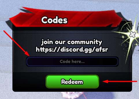 The Code here... box and Redeem button in Anime Fighting Simulator: Reborn
