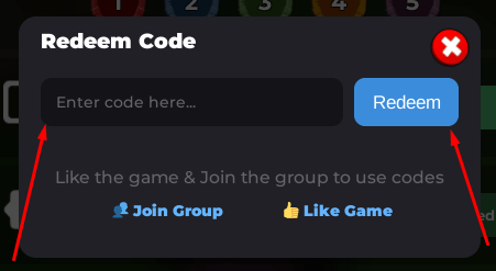 The Enter code here... box and Redeem button in Four In A Row
