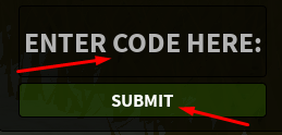 ENTER CODE HERE box and SUBMIT button to redeem codes in Virus Border Roleplay
