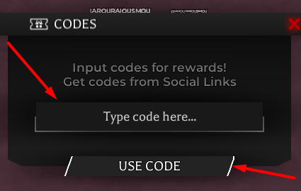 The Type code here... box and USE CODE button in The Lost Adventures