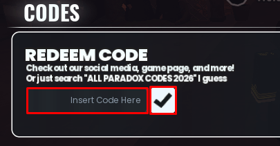 PARADOX enter codes box and tick icon