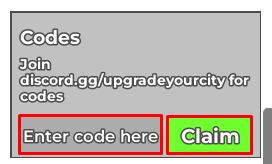 Upgrade Your City enter codes box and claim button