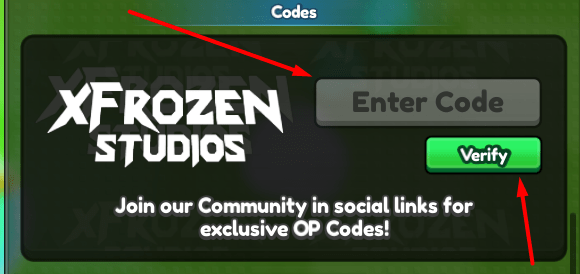 The Enter Code box and Verify button in Prop Hunt For Brainrots