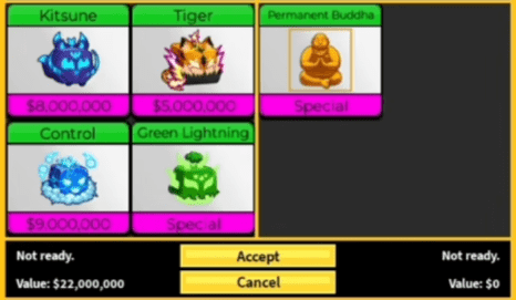 Player trading for a permanent Buddha in Blox Fruits