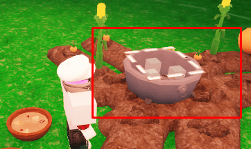 An example of the farm plots + crock pot setup in 99 Nights in the Forest
