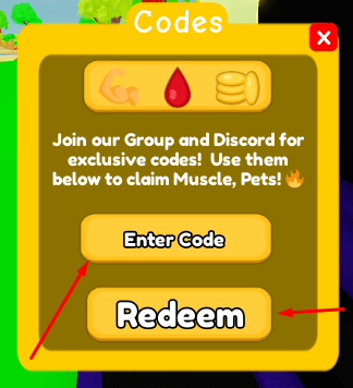 The Enter Code box and Redeem button in No Limit Lifting Simulator 2