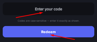 Enter your code box and Redeem button to redeem codes in Birmingham Vehicle Simulator