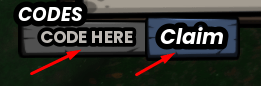 CODE HERE box and Claim button to redeem codes in GO FISHING