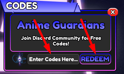 The code redeeming interface in Anime Guardians