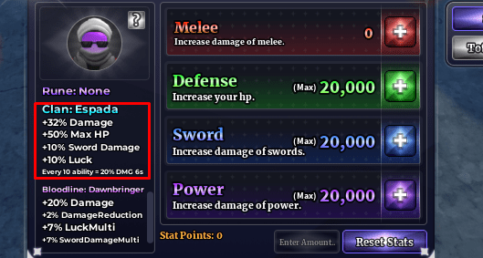 Example of a stat page with a clan equipped in Sailor Piece