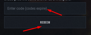 Enter code (codes expire) box and REDEEM button to use codes in HUSH [Zombie Extraction]