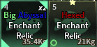 An Abyssal and Hexed Enchant Relic in my inventory in Fisch