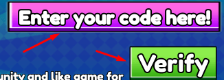 The "Enter your code here!" box and Verify button in Eat Brainrot for +1 Size