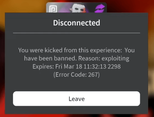 A ban message in Roblox with error code 267